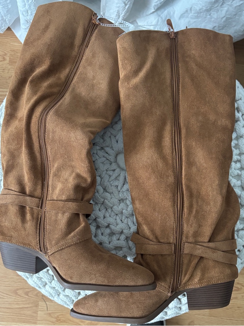 Fringed Tall Suede-Look Heeled Boots in Brown - Picture 7 of 9